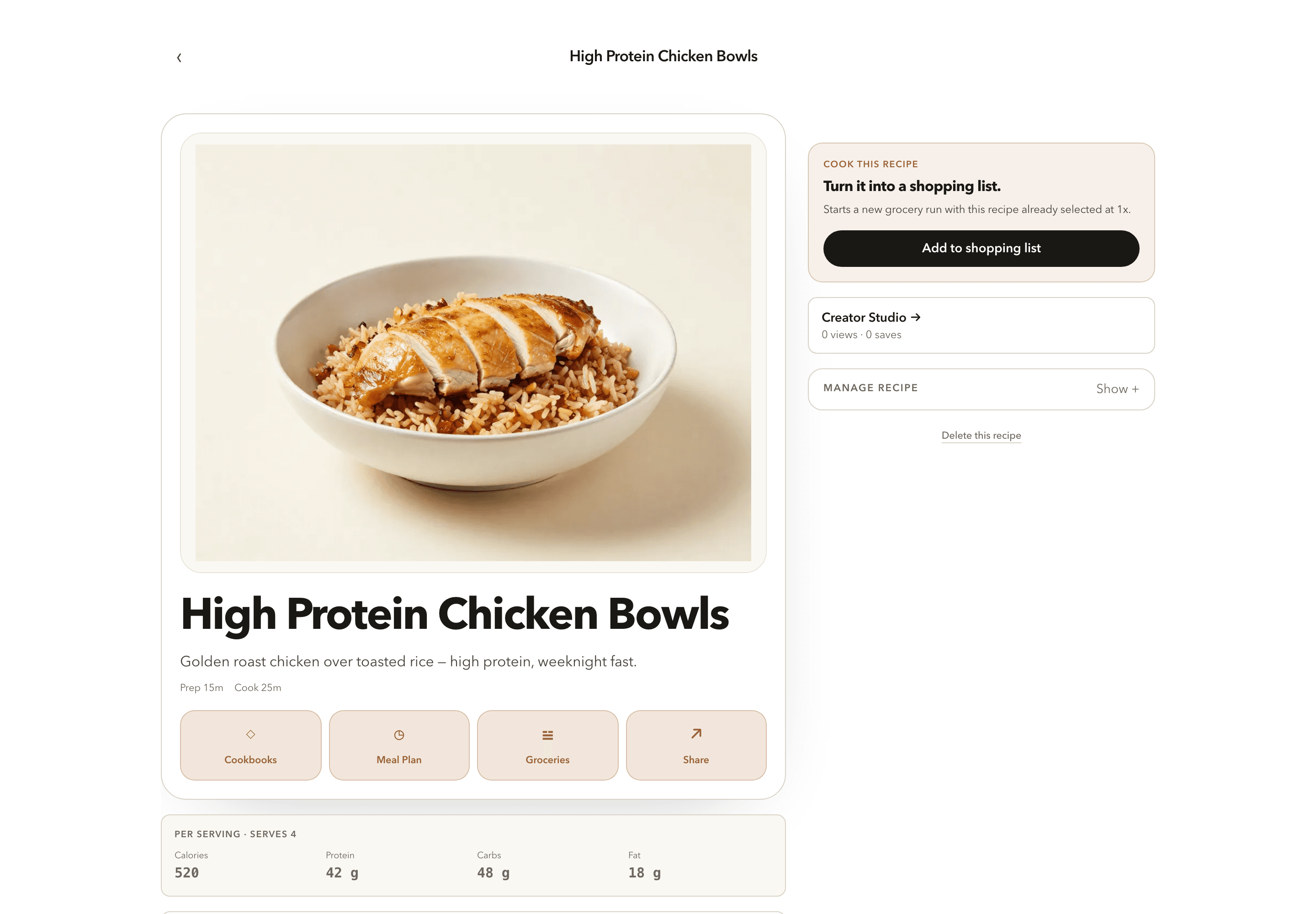 A saved recipe in Recipe Butler with photo, description, per-serving macros, and an add-to-shopping-list action