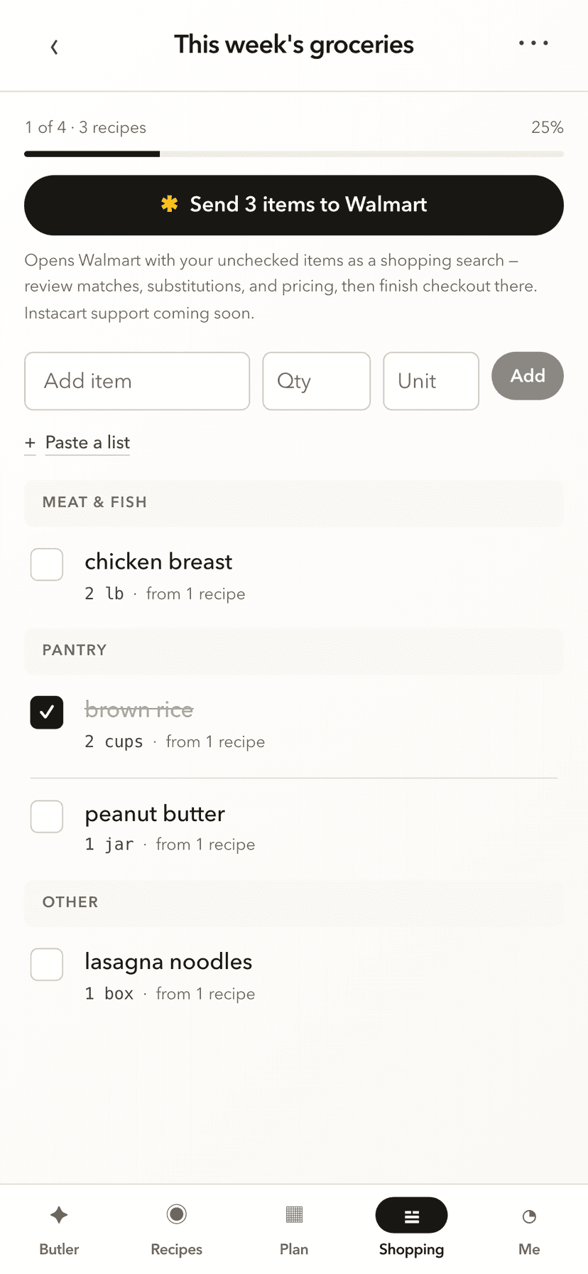 A merged shopping list on the phone, grouped by aisle, with one item already checked off