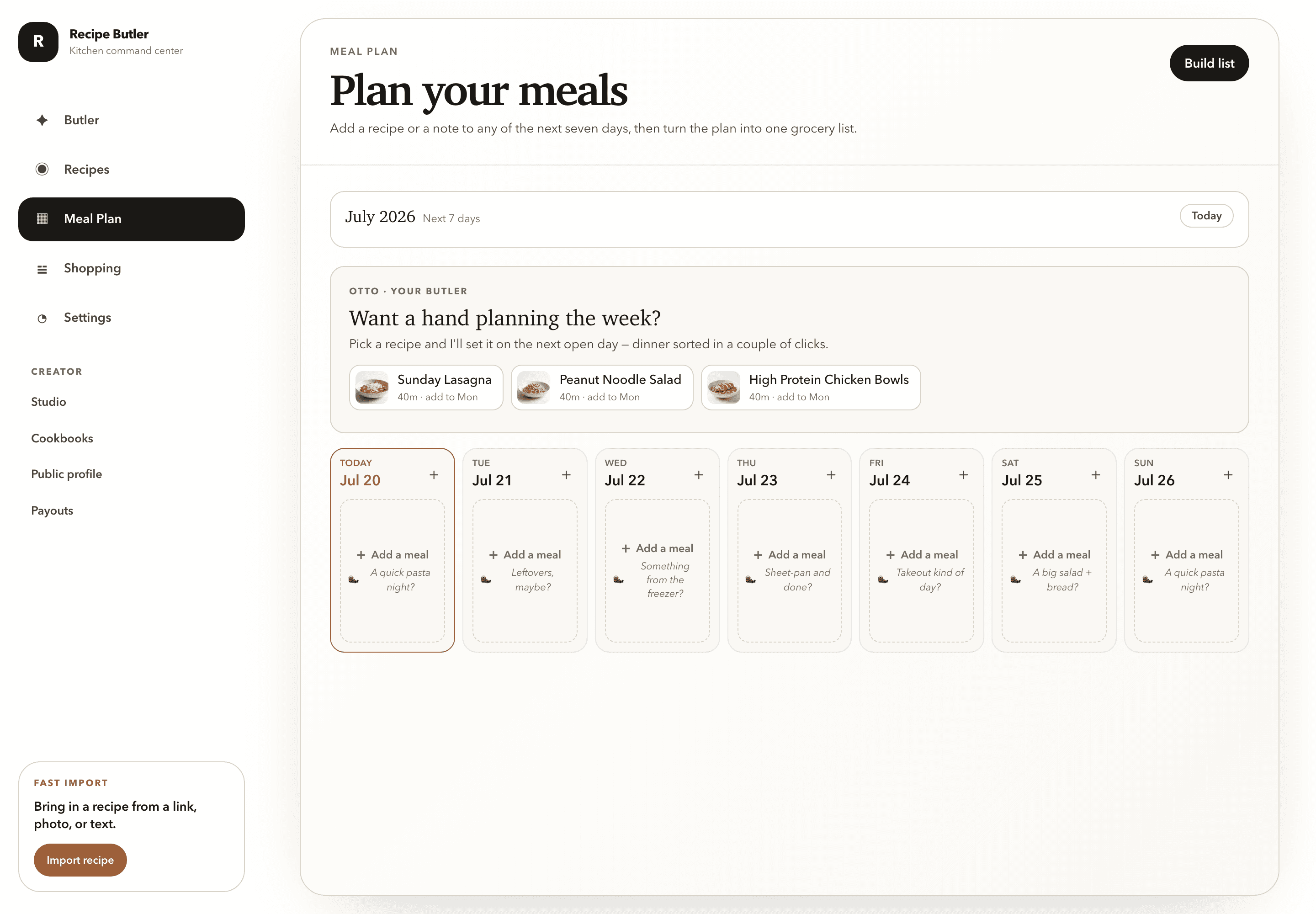 The meal plan screen: the next seven days with butler suggestions ready to drop onto open days